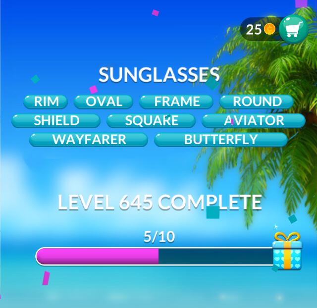 Word Stacks Level 645 Sunglasses Answers