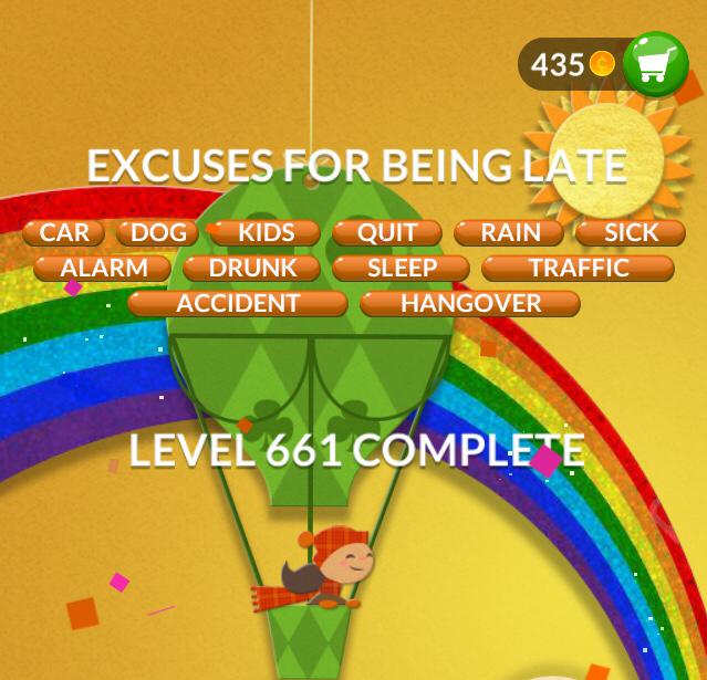 Word Stacks Level 661 Excuses for being late Answers
