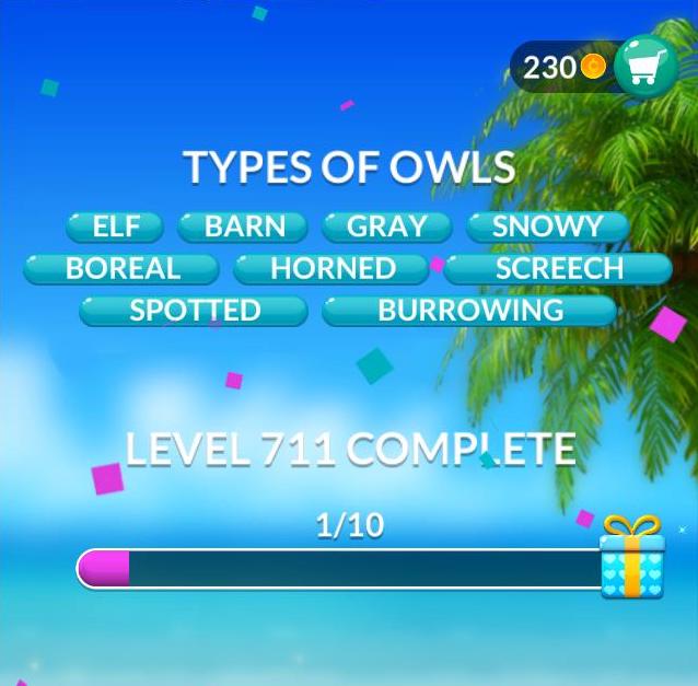 Word Stacks Level 711 Types of owls Answers