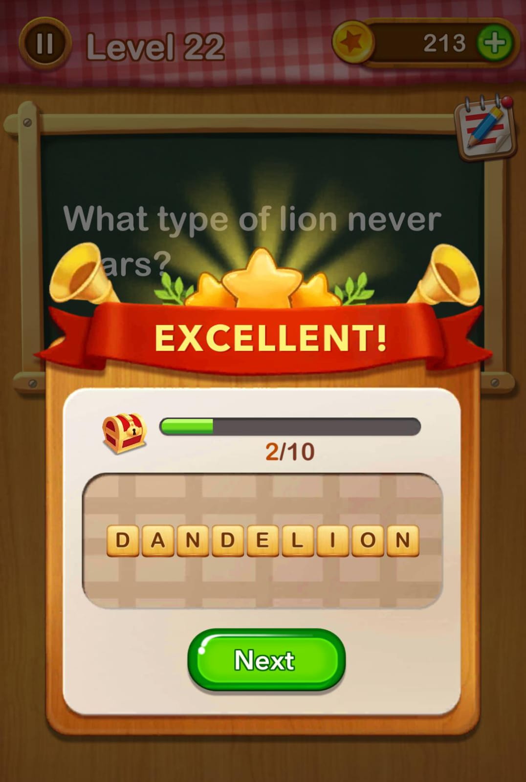 What type of lion never roars? Word Riddles Level 22
