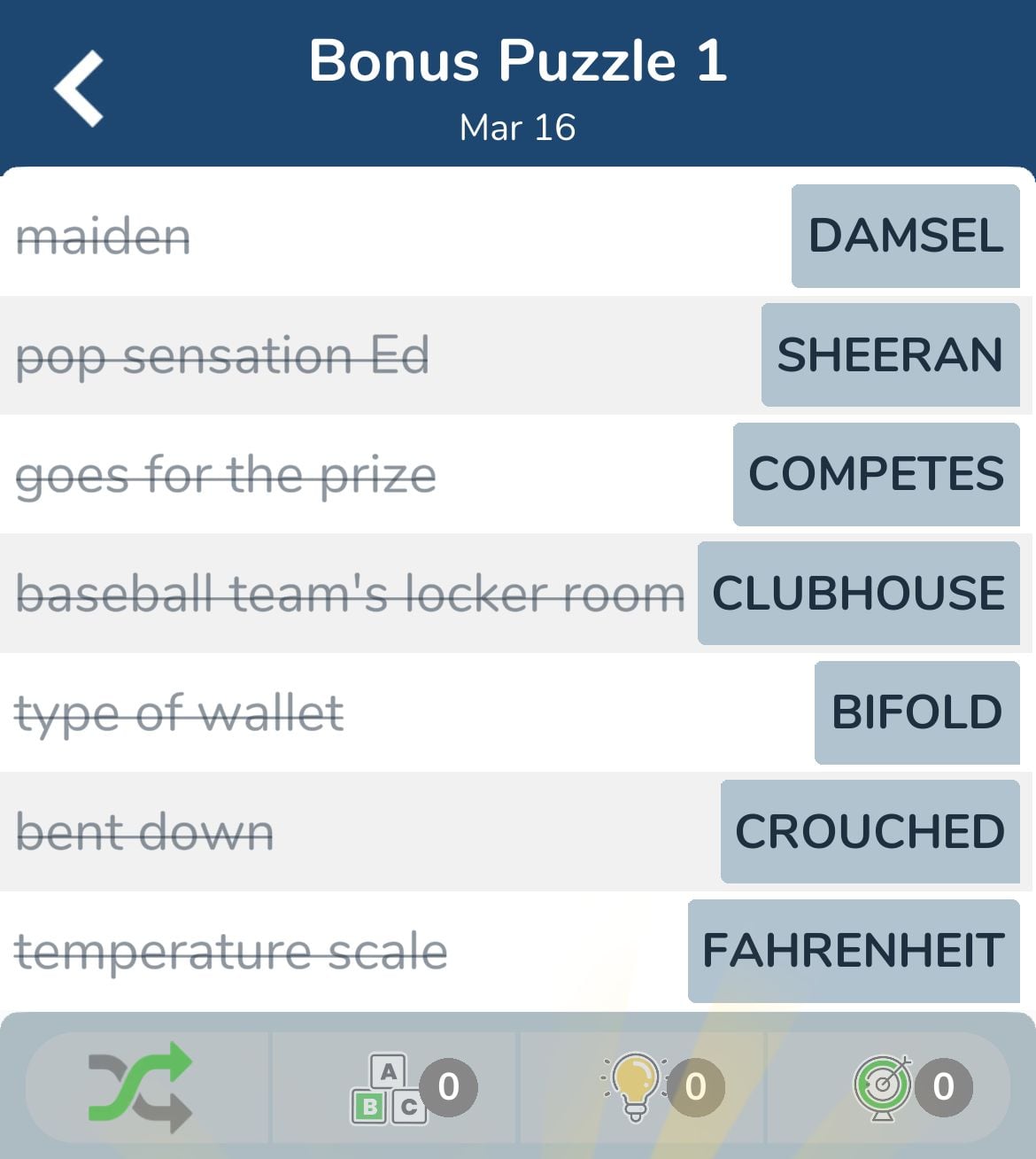 7 Little Words March 16 2024 Bonus 1