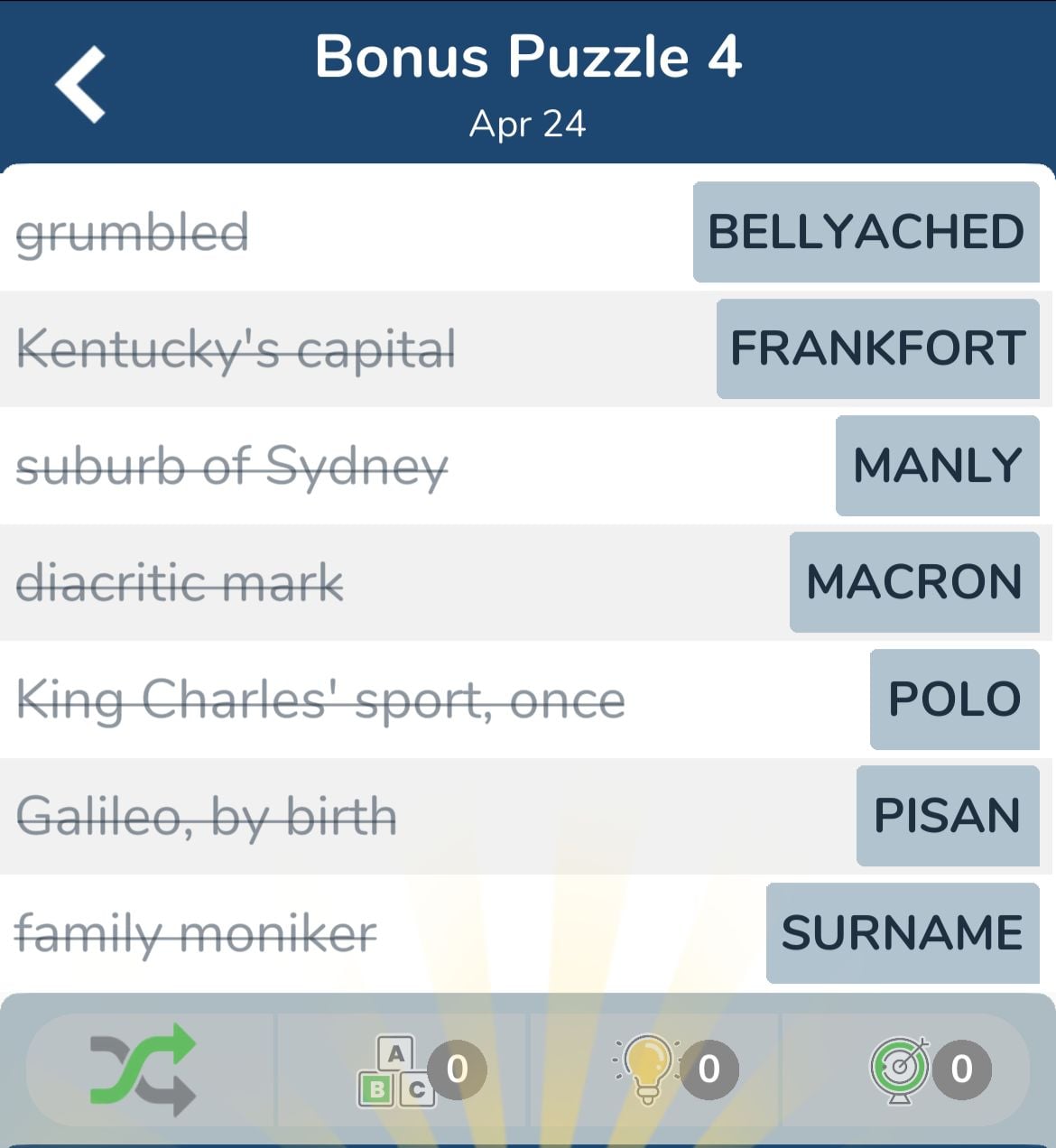 7 Little Words April 24 2024 Bonus 4