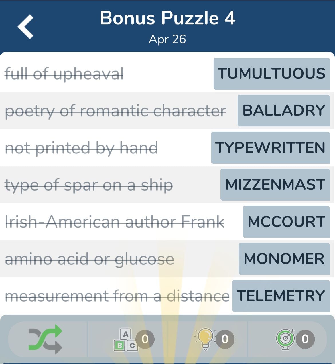 7 Little Words April 26 2024 Bonus 4
