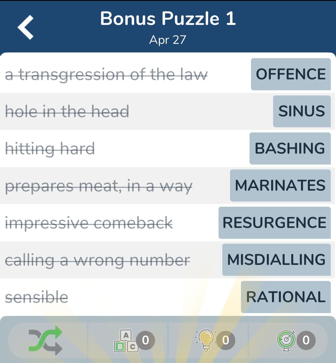 7 Little Words April 27 2024 Bonus 1