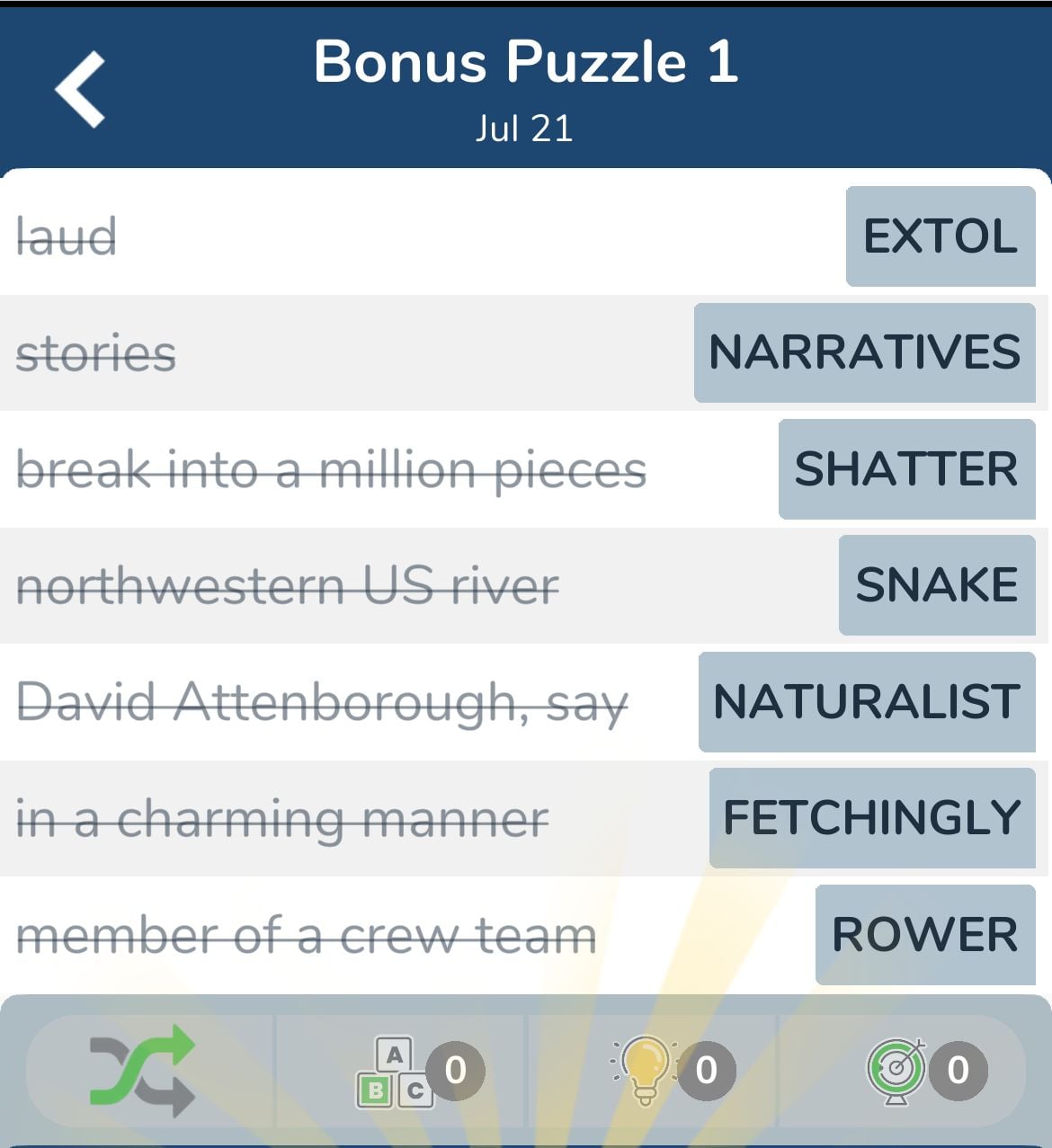 7 Little Words July 21 2024 Bonus 1