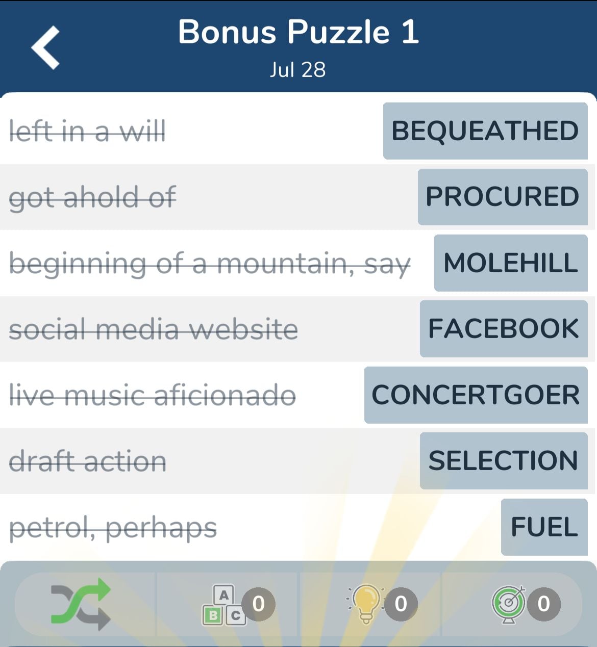 7 Little Words July 28 2024 Bonus 1