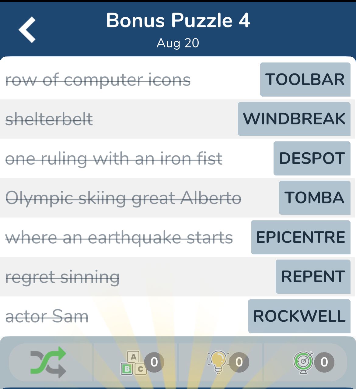 7 Little Words August 20 2024 Bonus 4