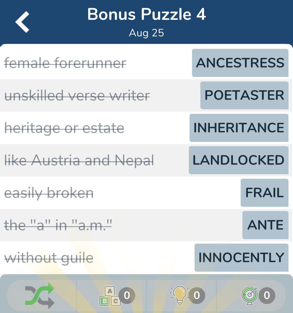 7 Little Words August 25 2024 Bonus 4