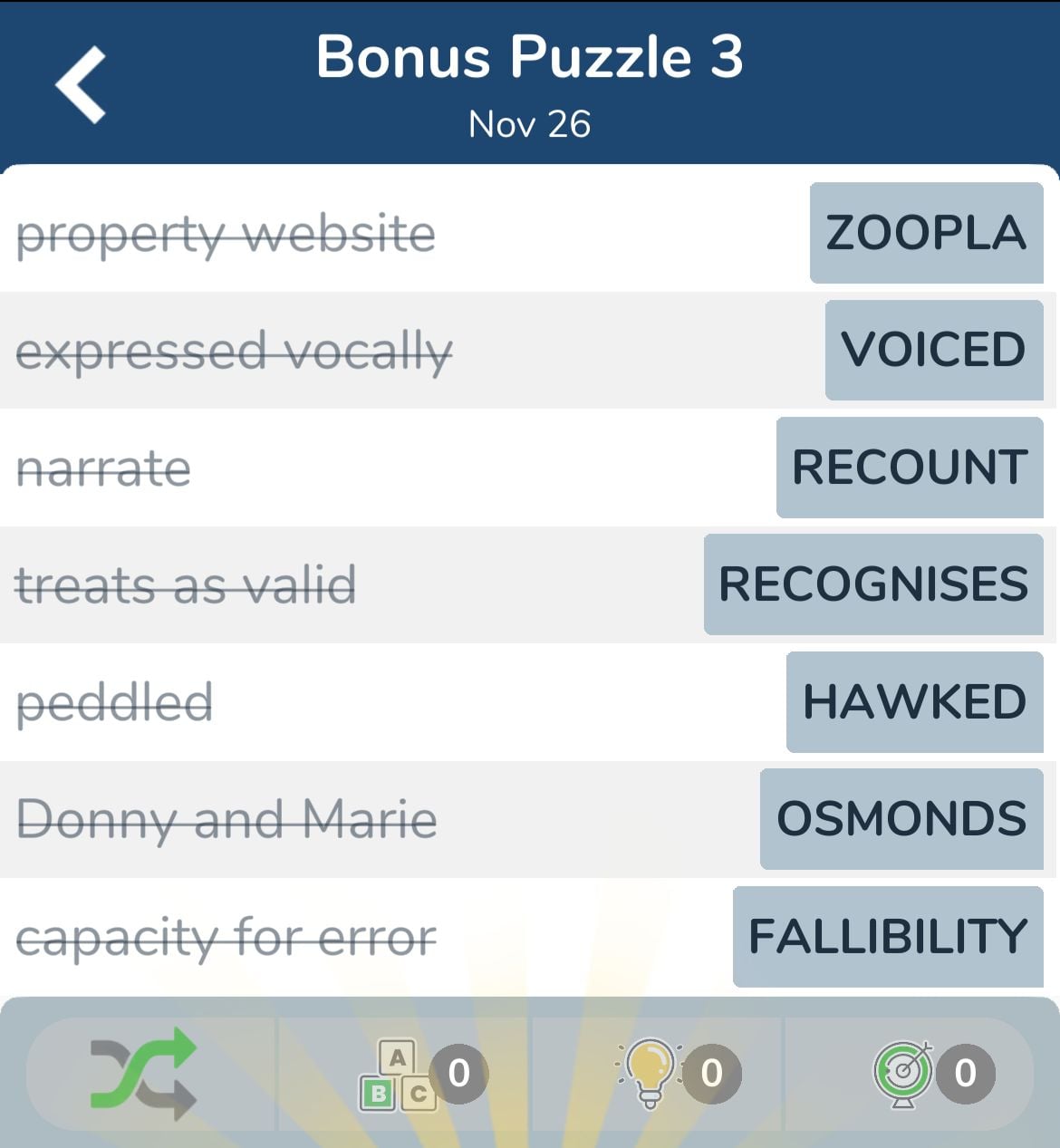 7 Little Words November 26 2024 Bonus 3
