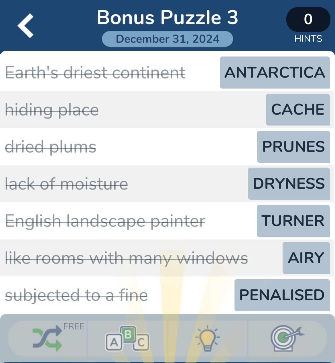 7 Little Words December 31 2024 Bonus 3