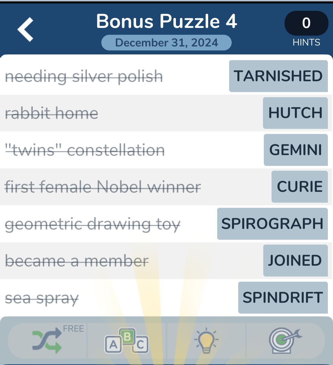 7 Little Words December 31 2024 Bonus 4