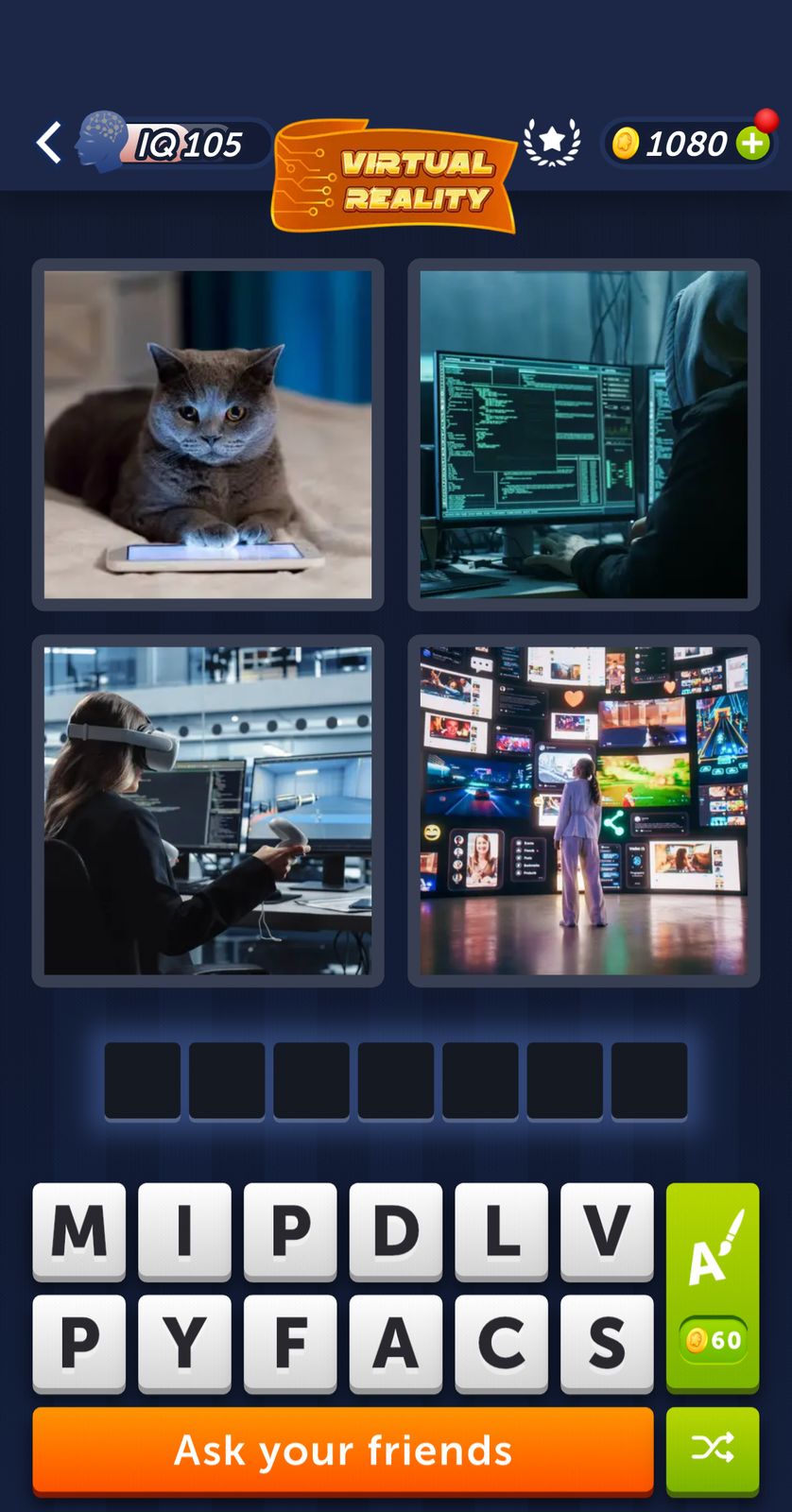 Virtual reality game screen with puzzles and images.