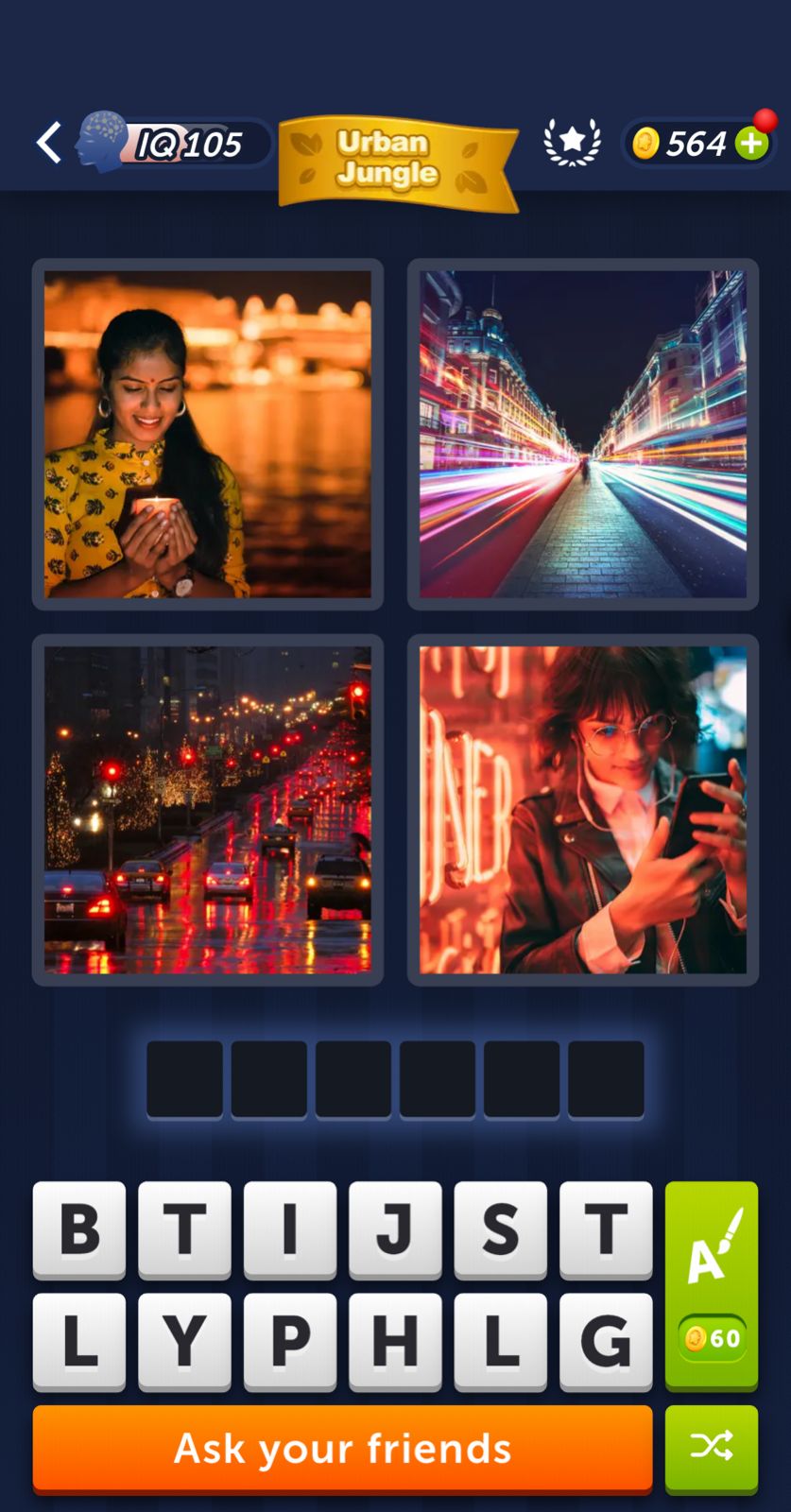 Four vibrant city scenes in a puzzle game.