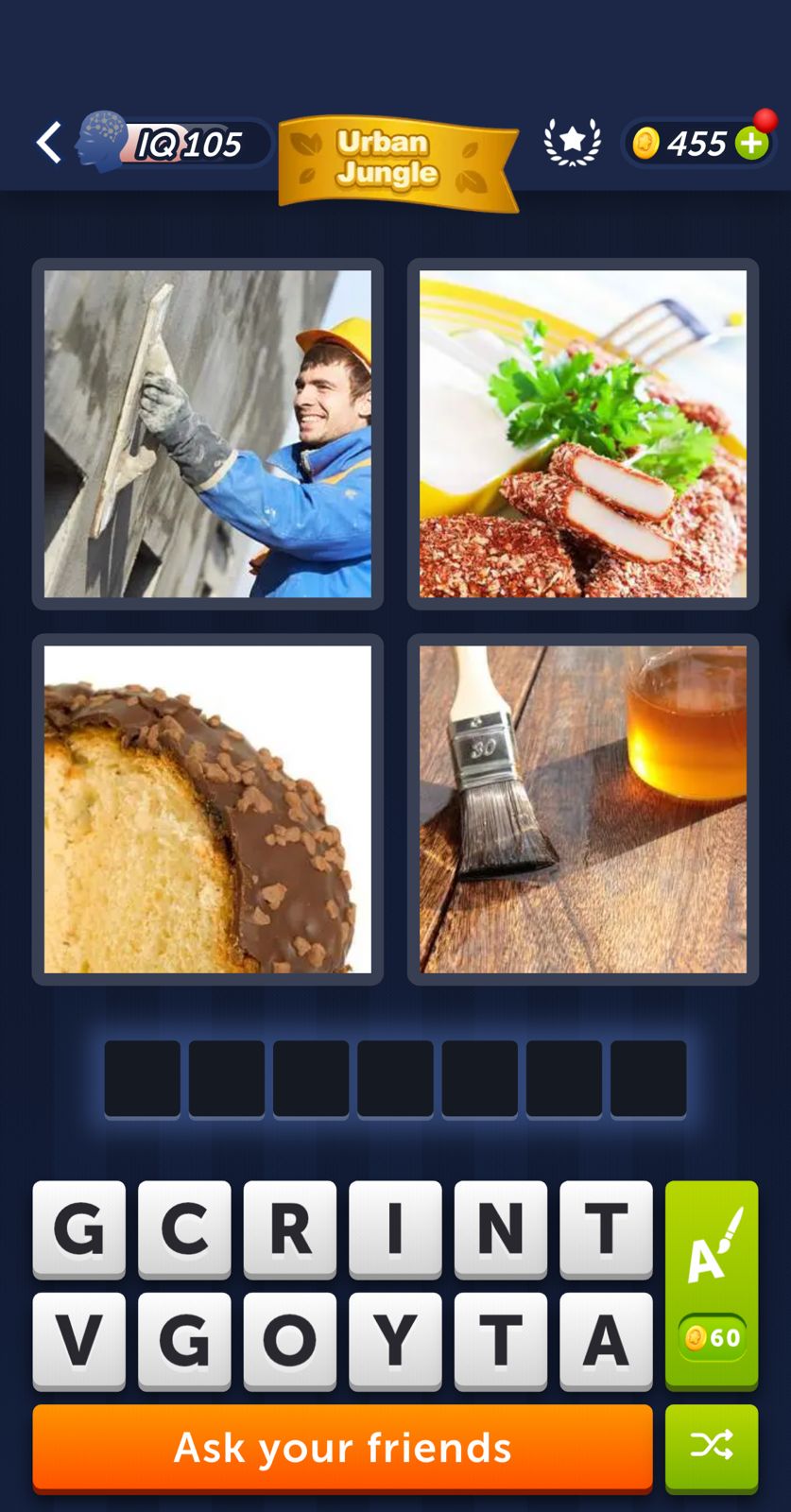 Game puzzle with paint, food, cake, and builder images.