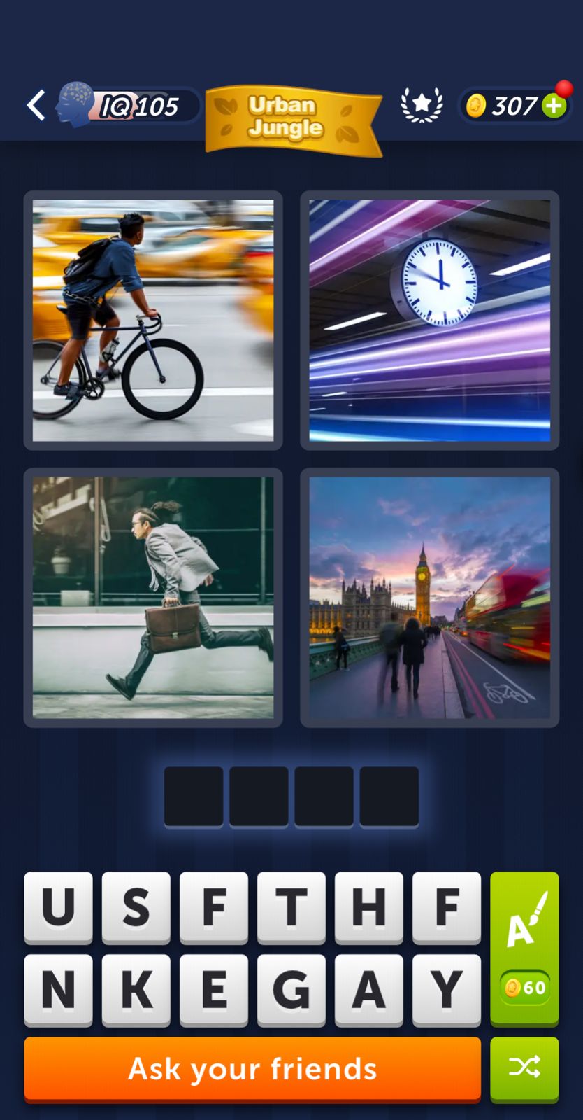 Puzzle game with urban theme and answer boxes