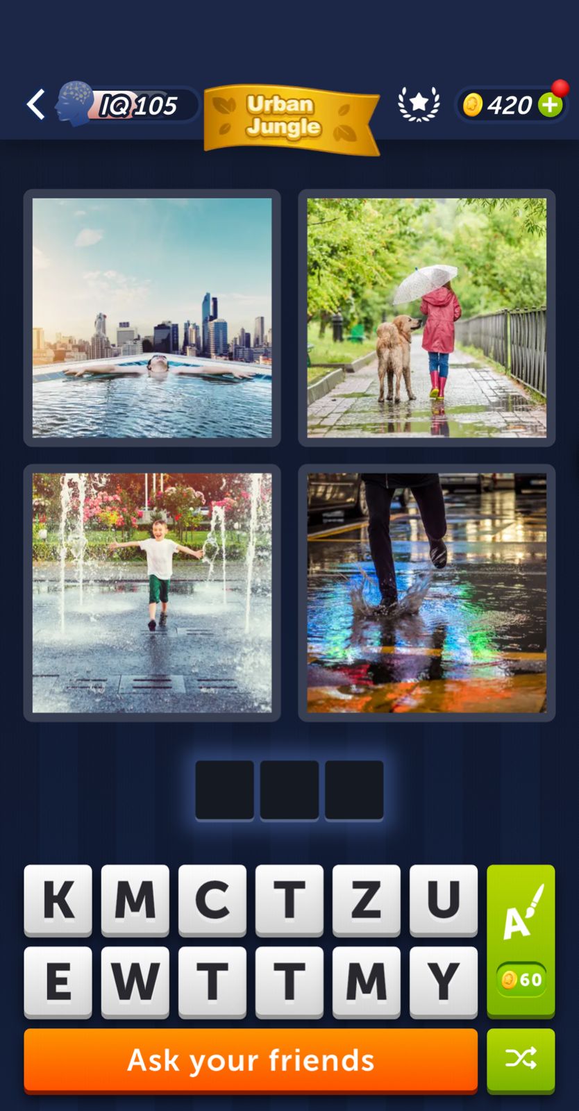 Word puzzle game with water-themed images.