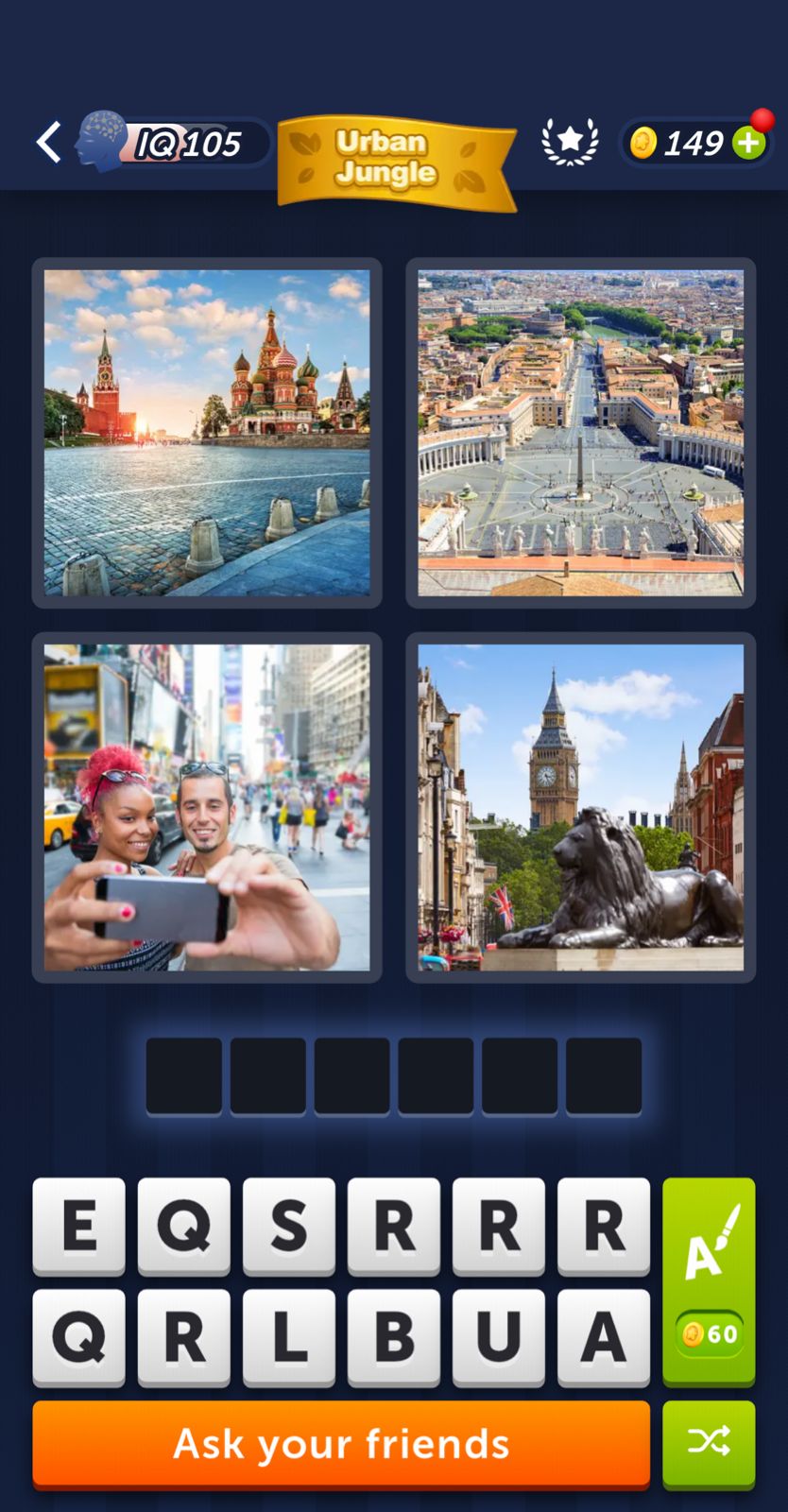 Quiz with famous landmarks and letter tiles