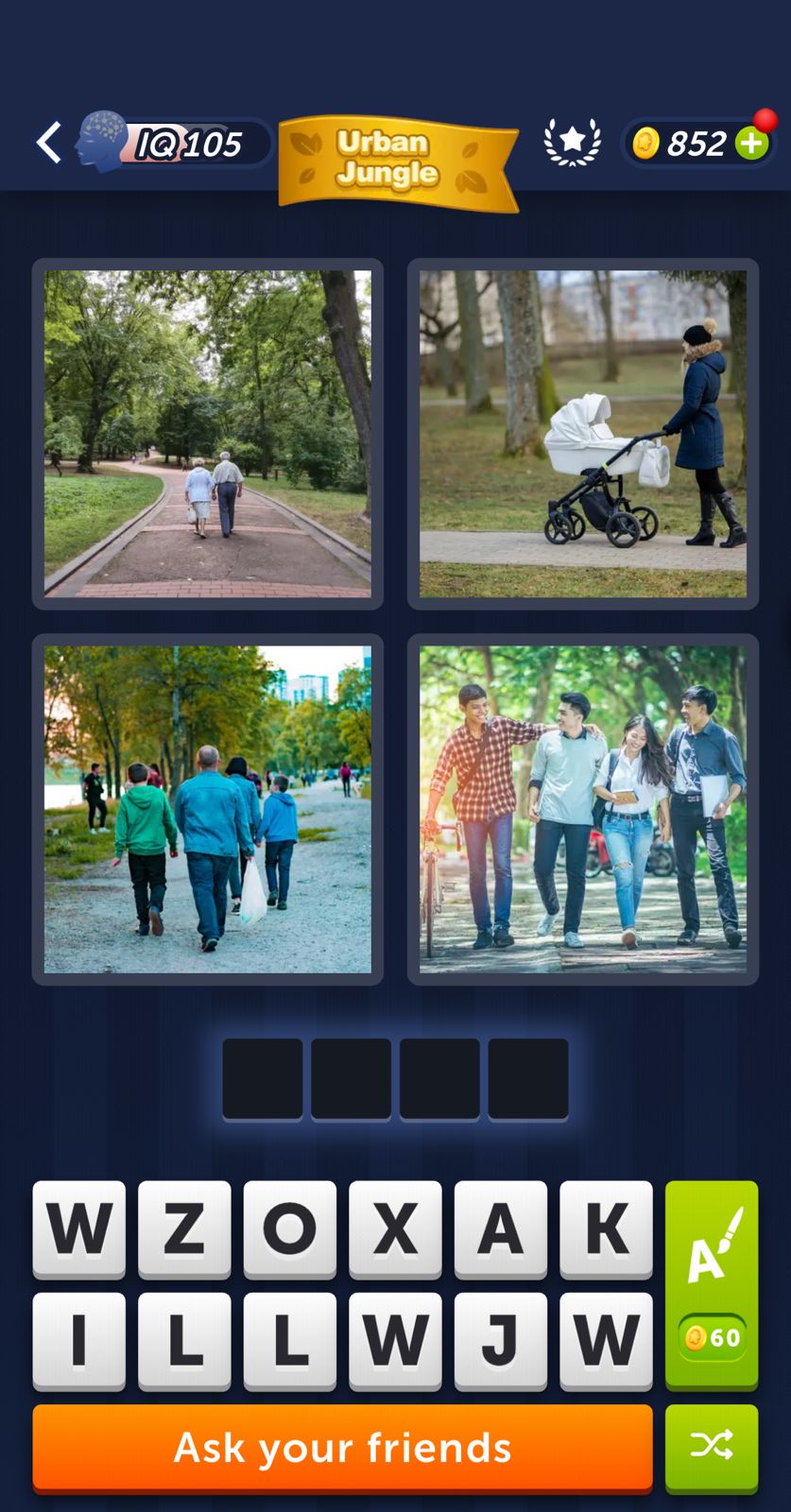 People walking in park with trees and stroller.