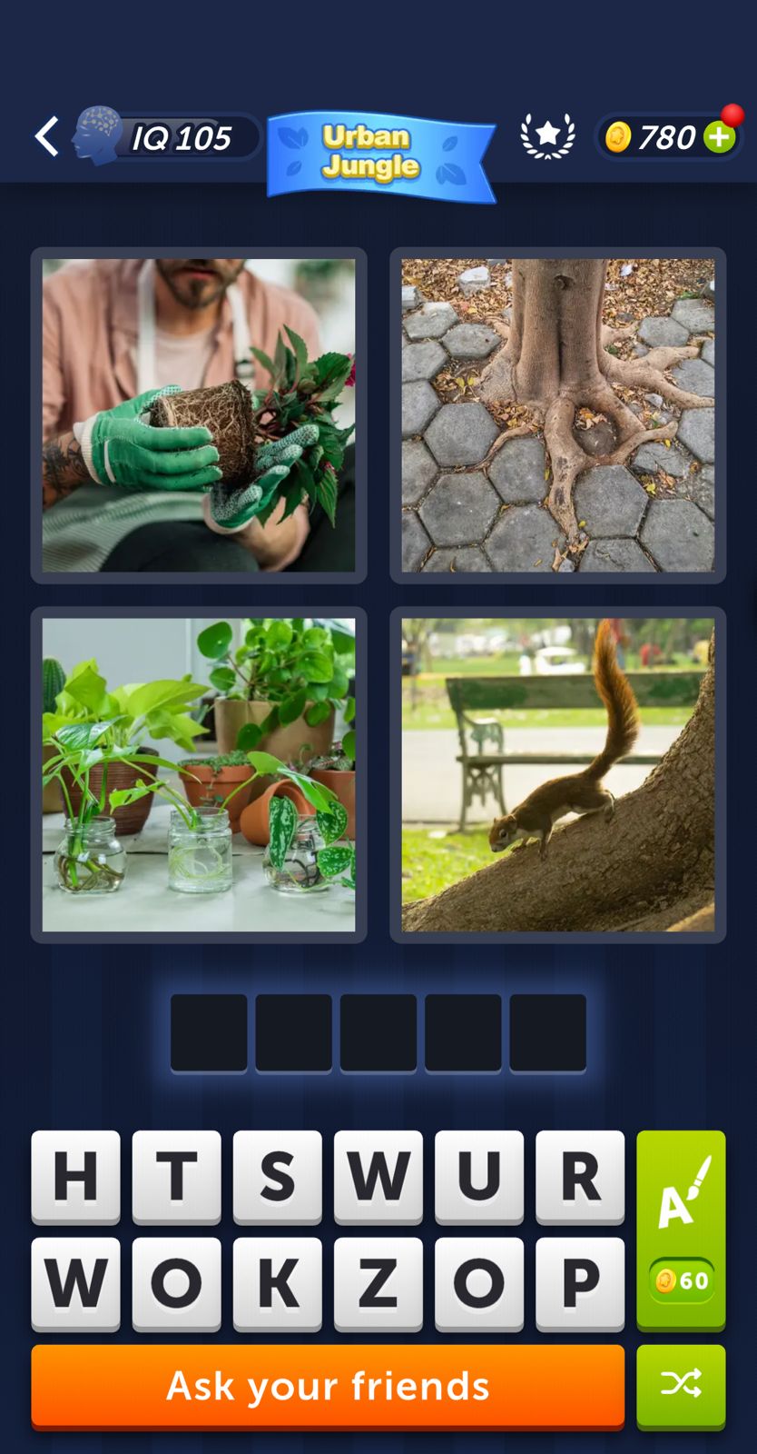 Word puzzle game with plant and squirrel images.