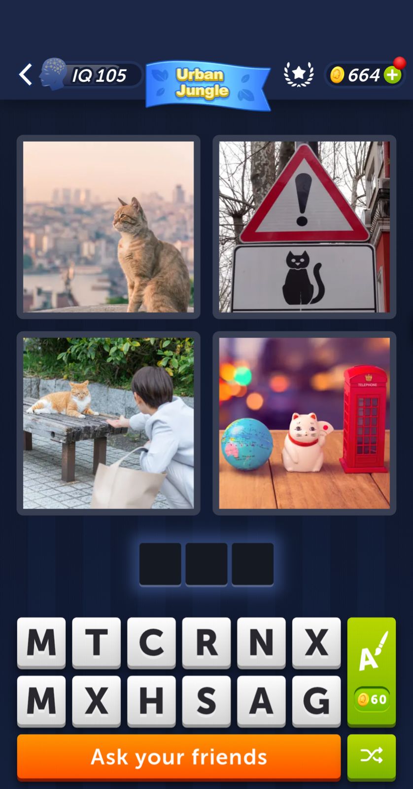 Puzzle game with cat-related images and text clues.
