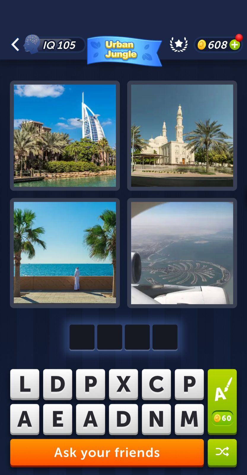 Quiz game with four Dubai images.