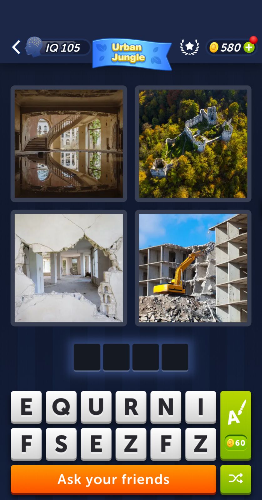 Urban buildings game puzzle with letters and coins.