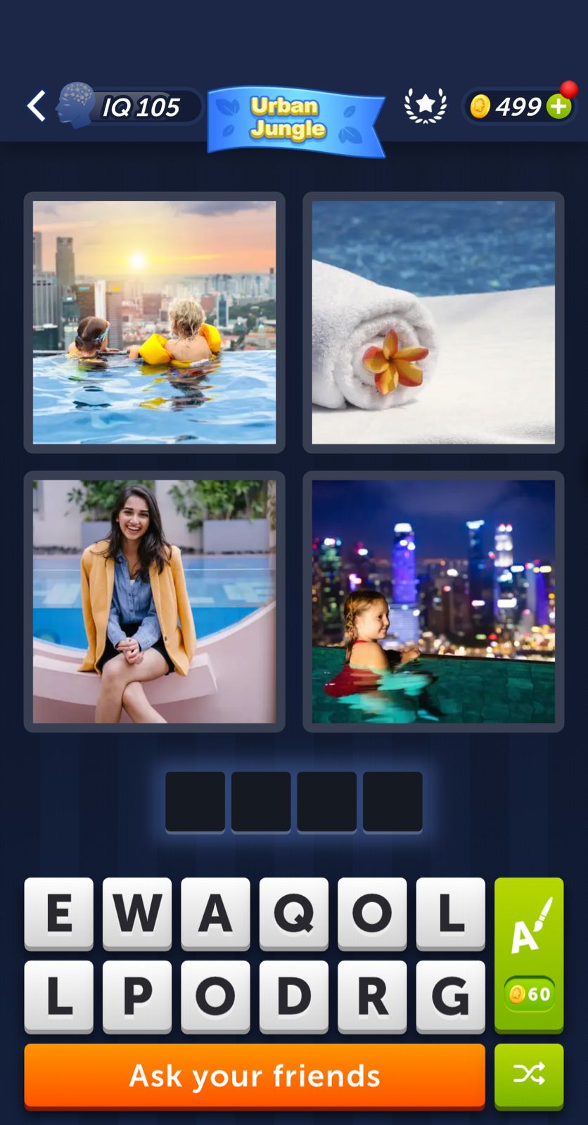 Word game with urban pool theme images.