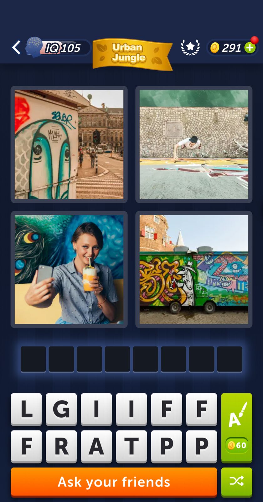 Street art, graffiti, and urban puzzles game interface.