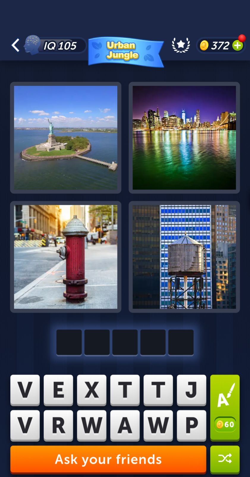 City-themed puzzle game interface with letters and images.
