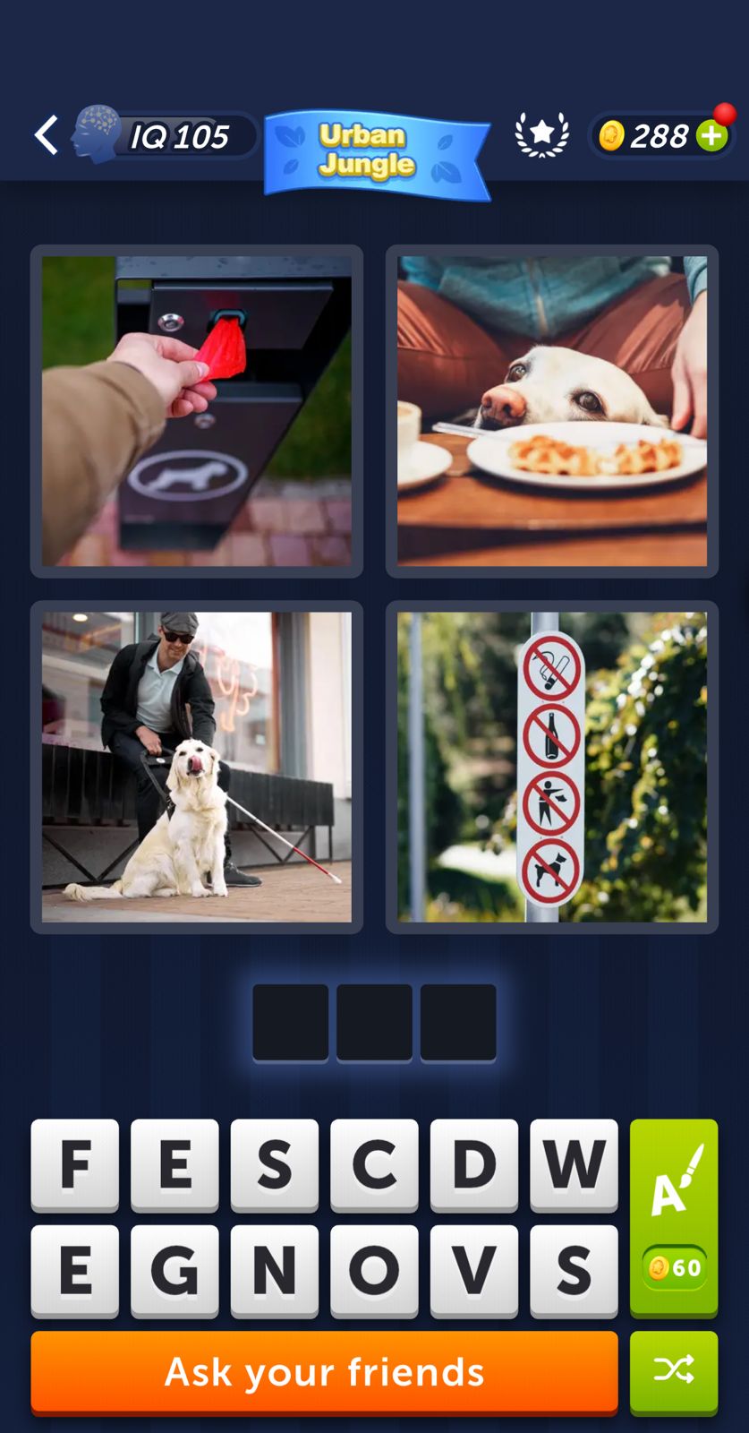 Word puzzle with images of dogs and signs.