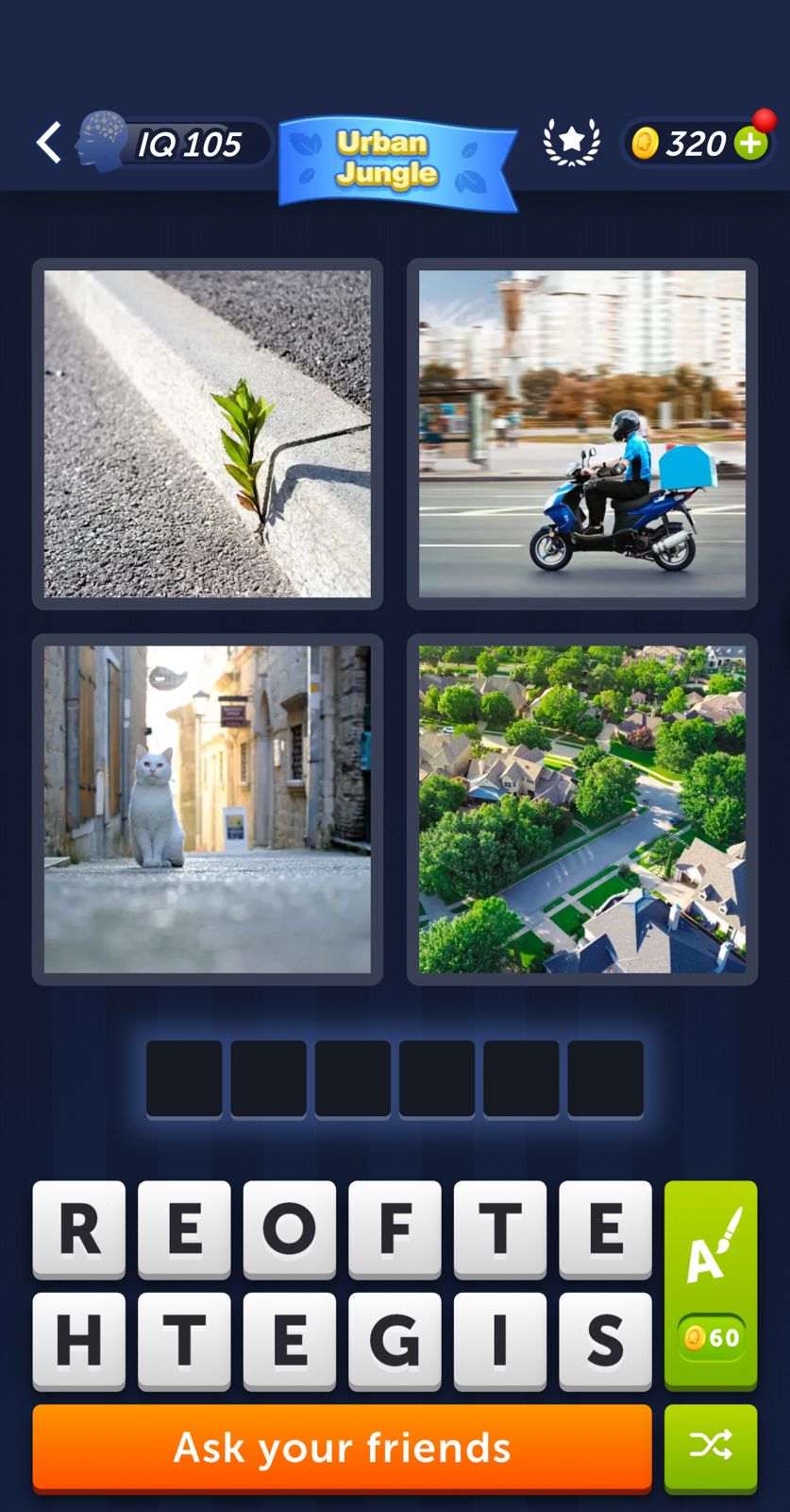 Puzzle game with plant, scooter, cat, neighborhood images.
