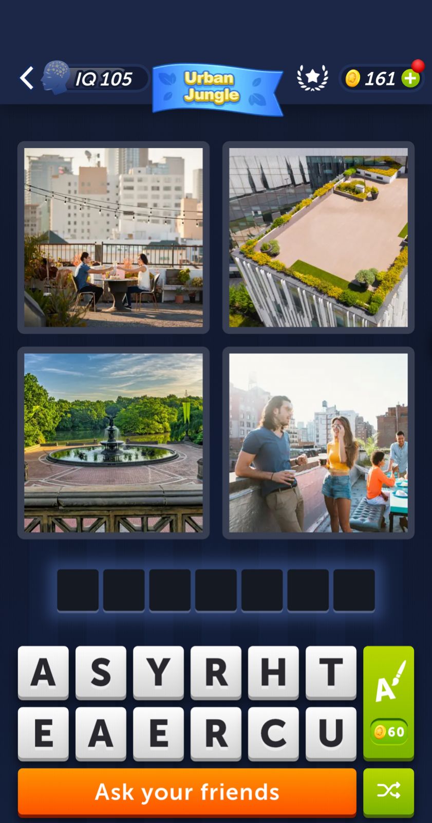 Game screen with rooftop and park images, word puzzle.