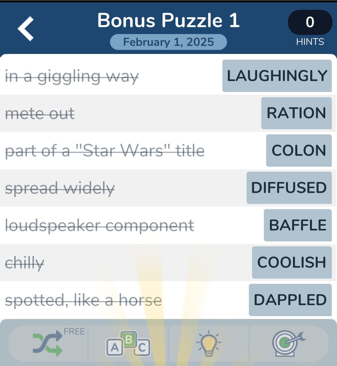 Word puzzle answers: laughingly, ration, colon, diffused