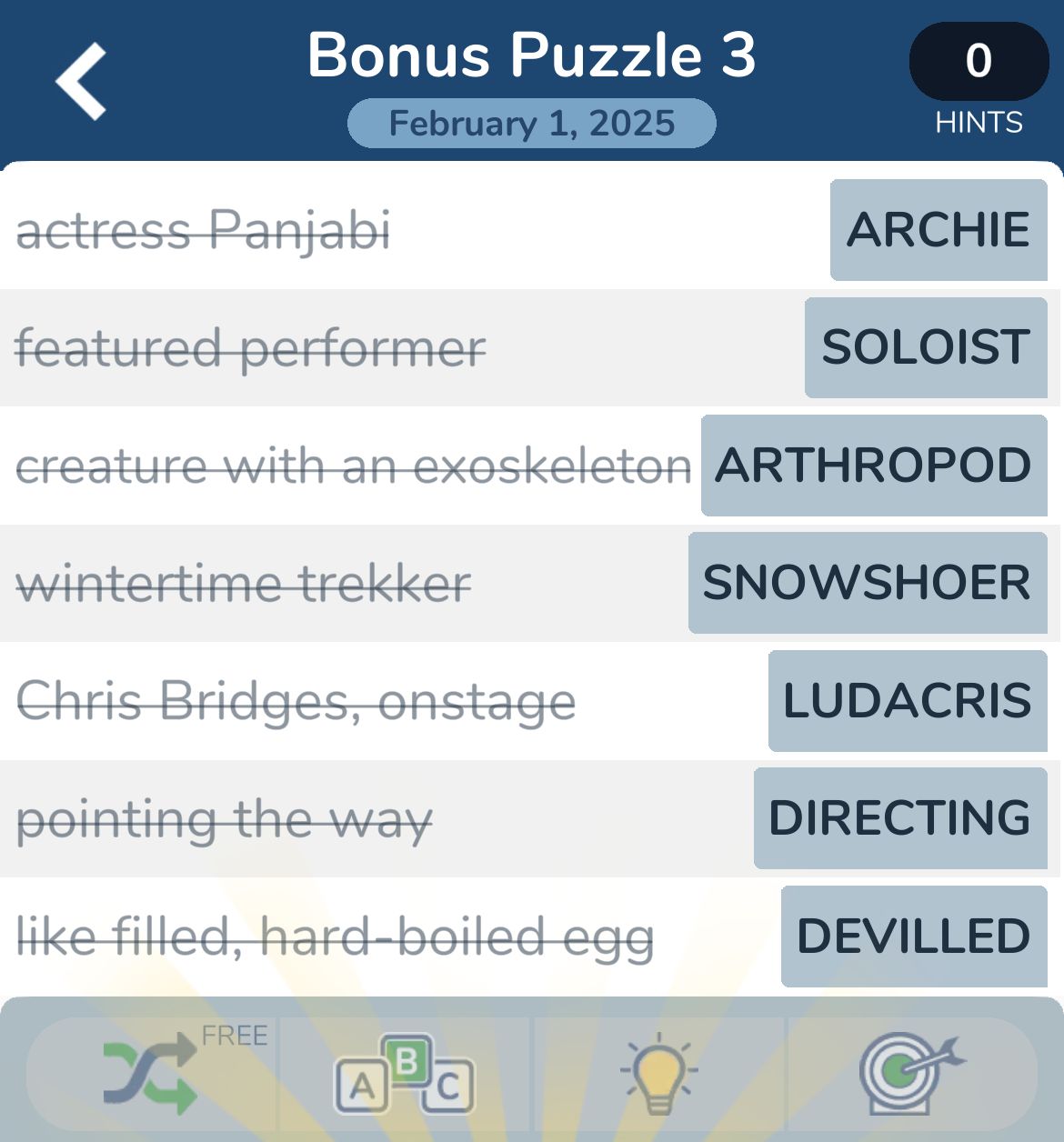Word puzzle with clues and answers for February 2025.