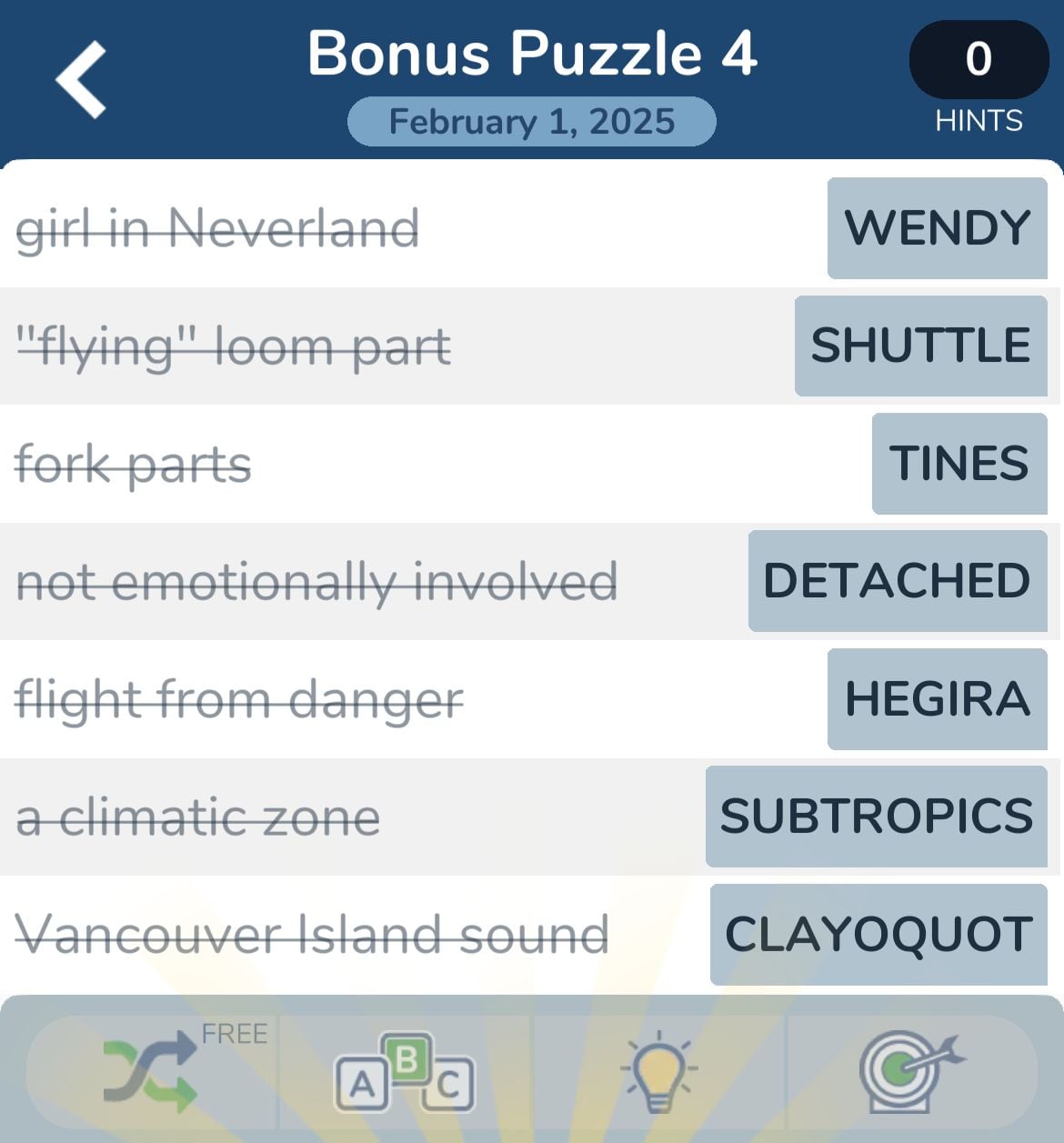 Word puzzle answers for February 1, 2025.
