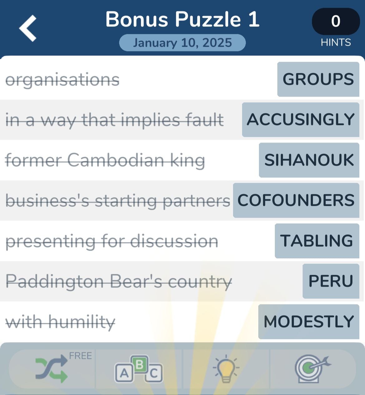 Crossword puzzle game with answers and clues