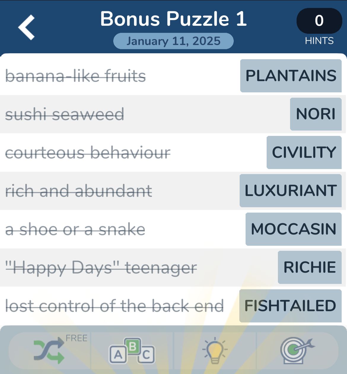 Crossword puzzle hints and answers display screen.