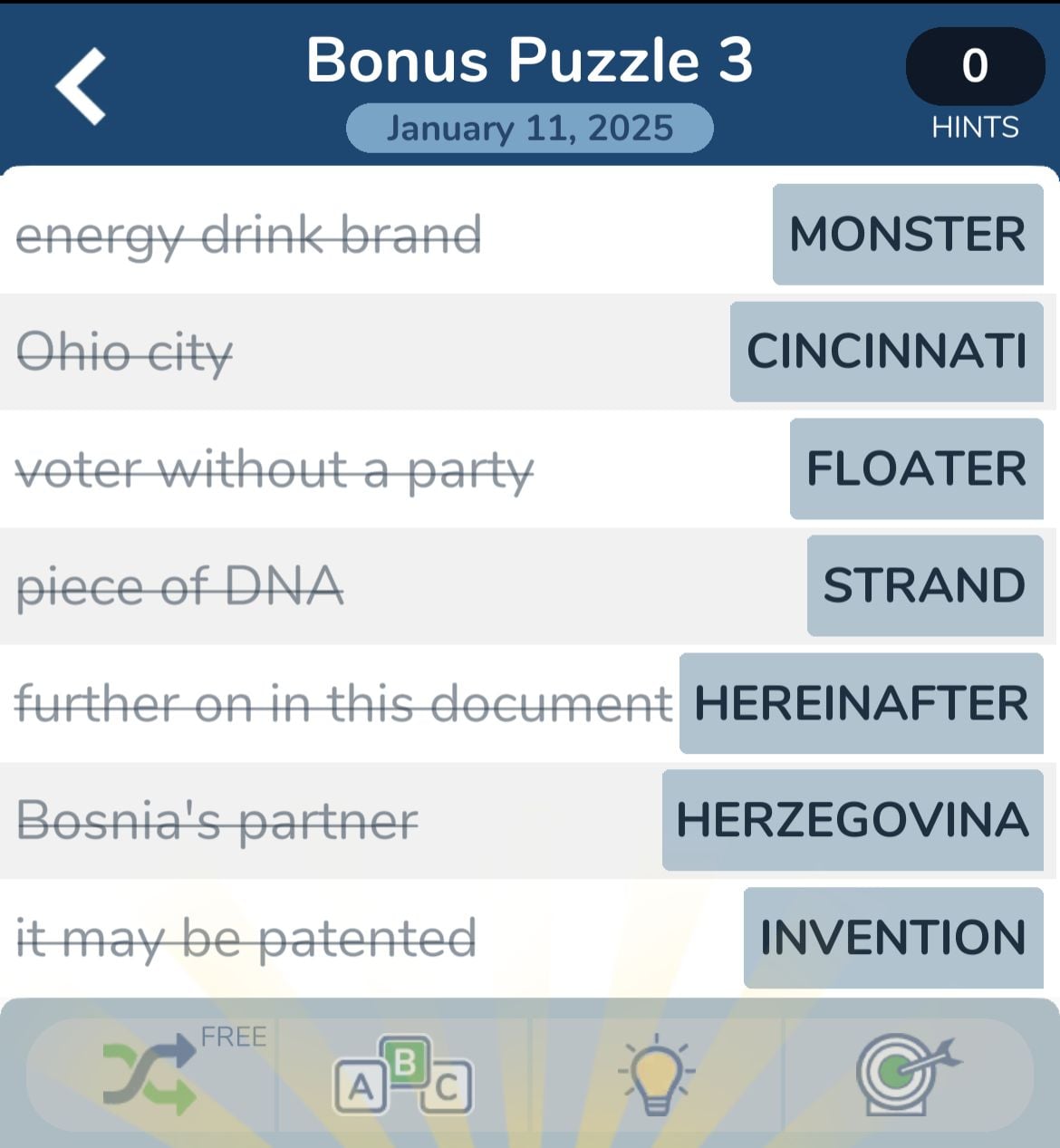 Crossword puzzle solutions for January 11, 2025.
