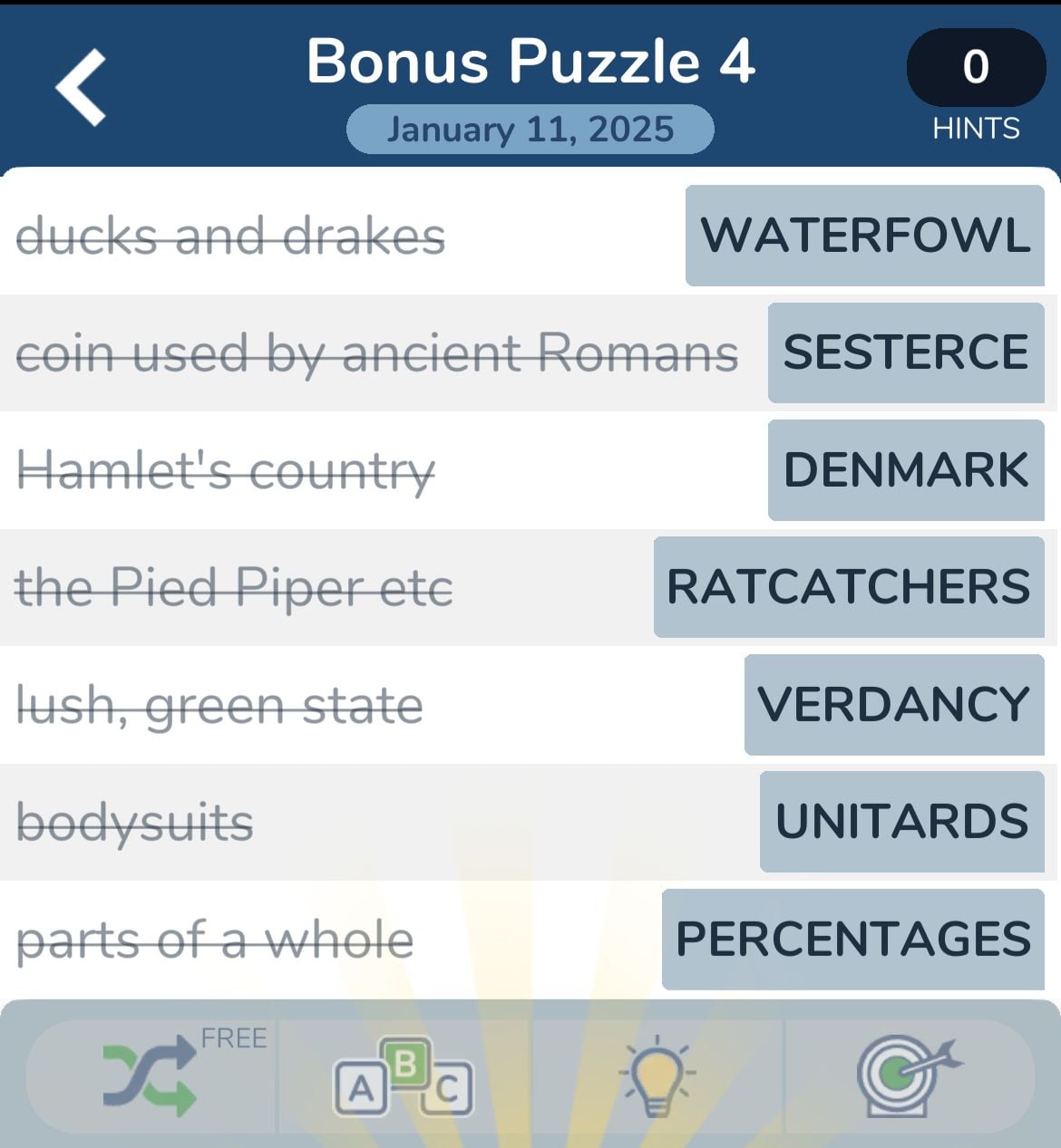 Bonus puzzle answers list with hints and solutions.