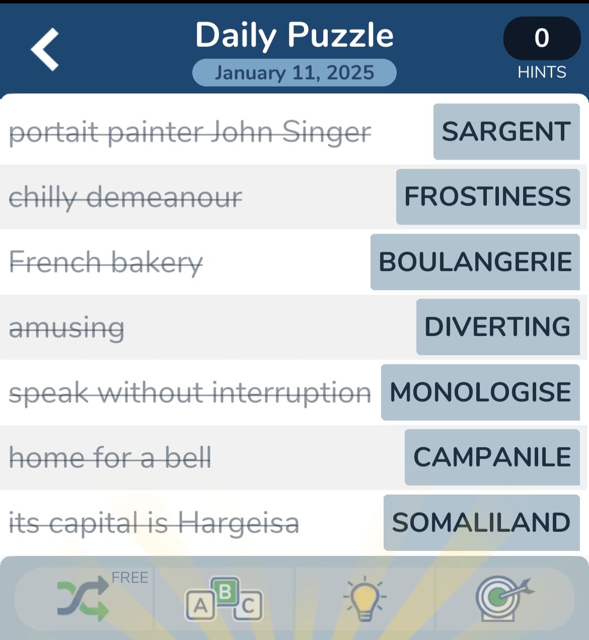 Word puzzle with clues and answers displayed.