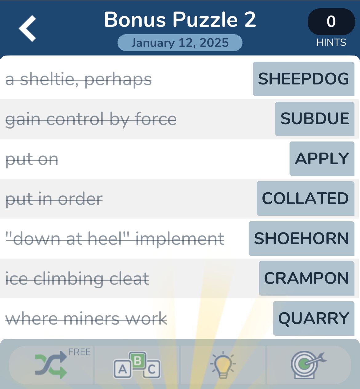 Word puzzle with answers for January 12, 2025