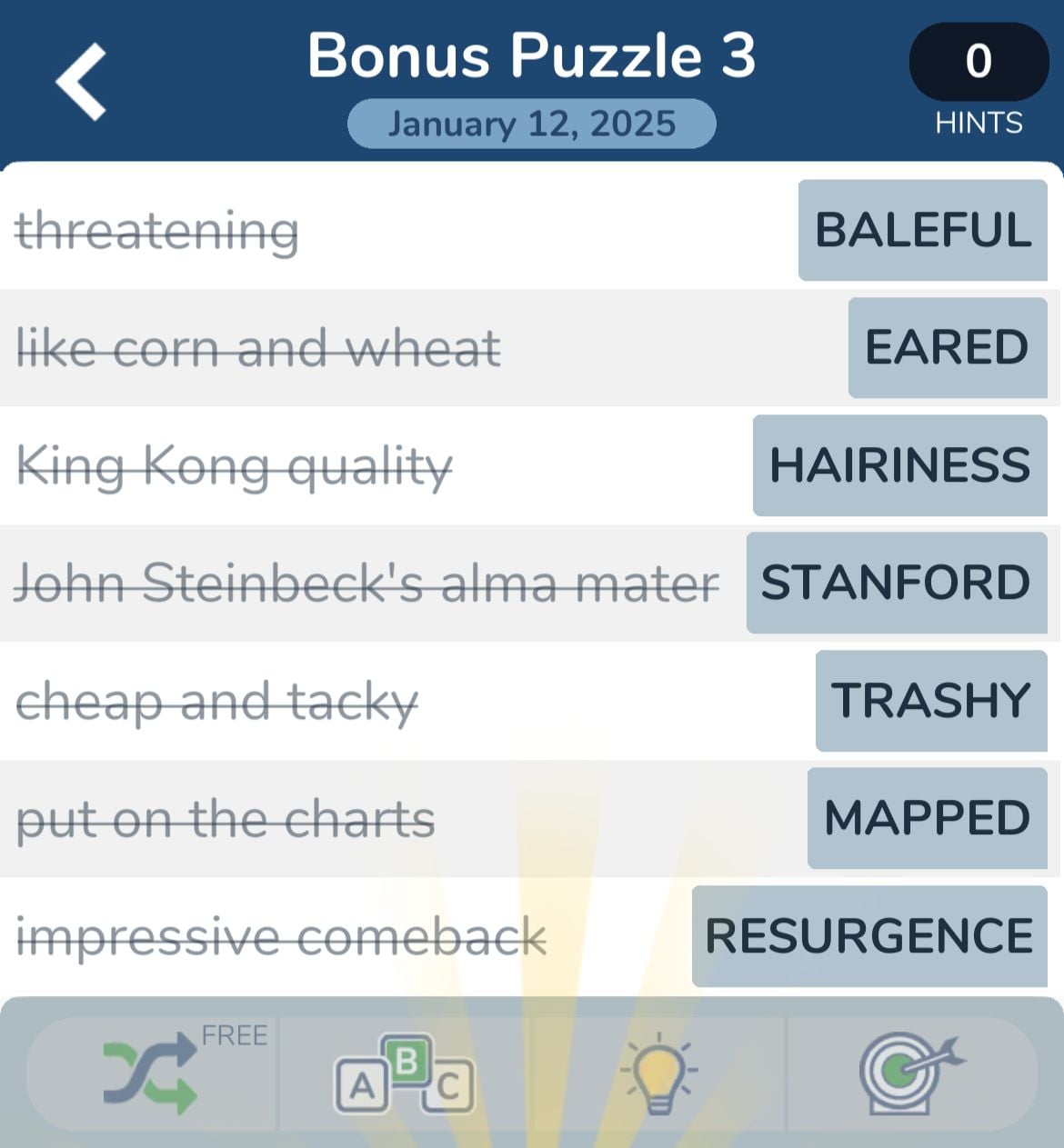 Crossword puzzle answers with clues and date.