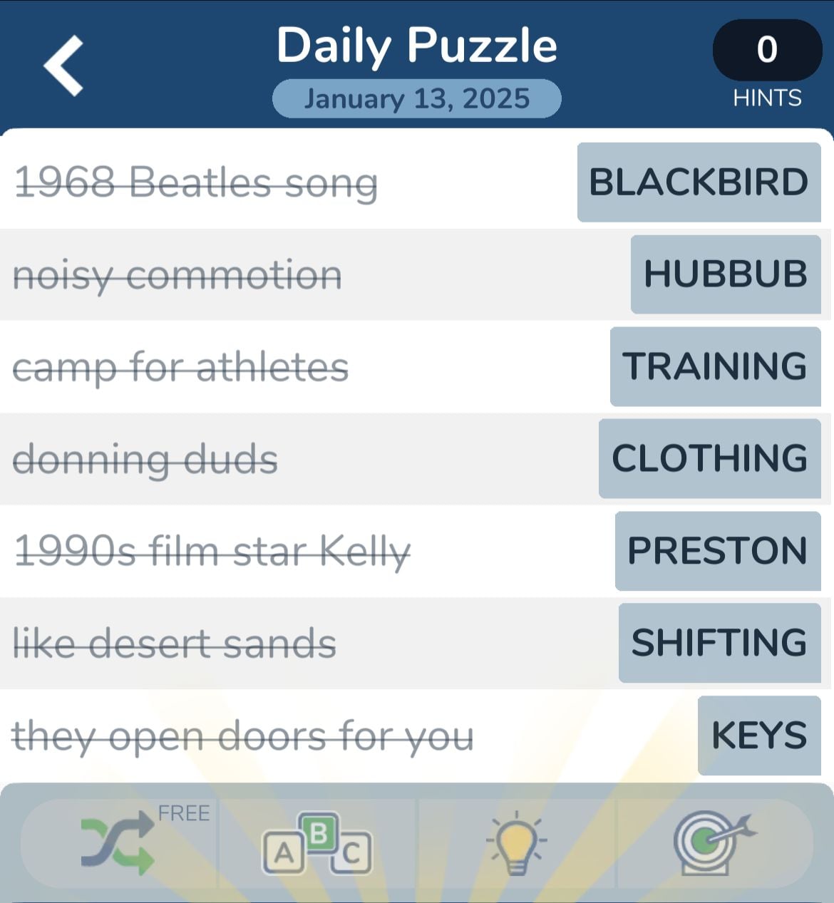 Crossword puzzle clues and answers for January 13, 2025.