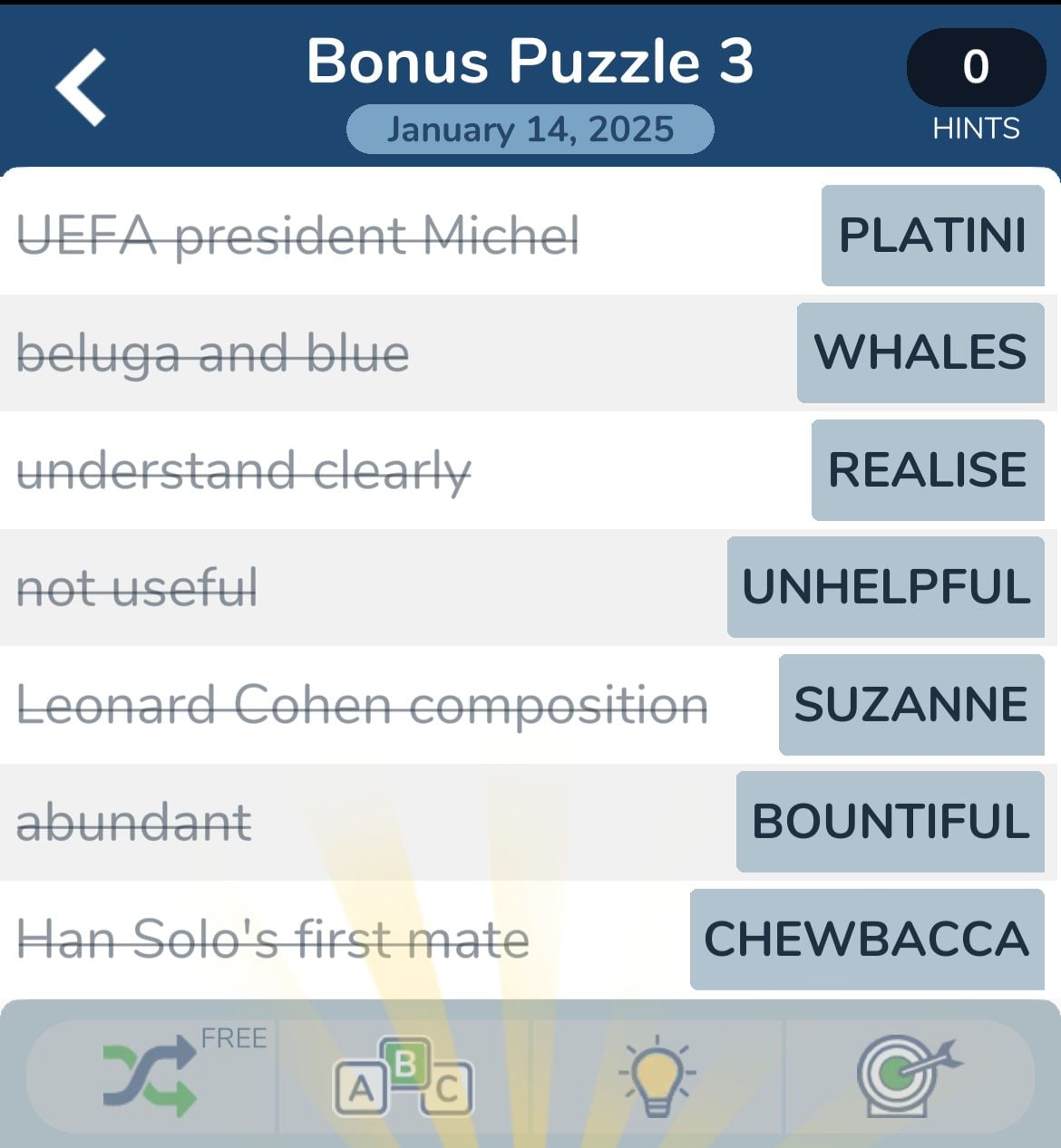 Word puzzle answers including Platini and Chewbacca.