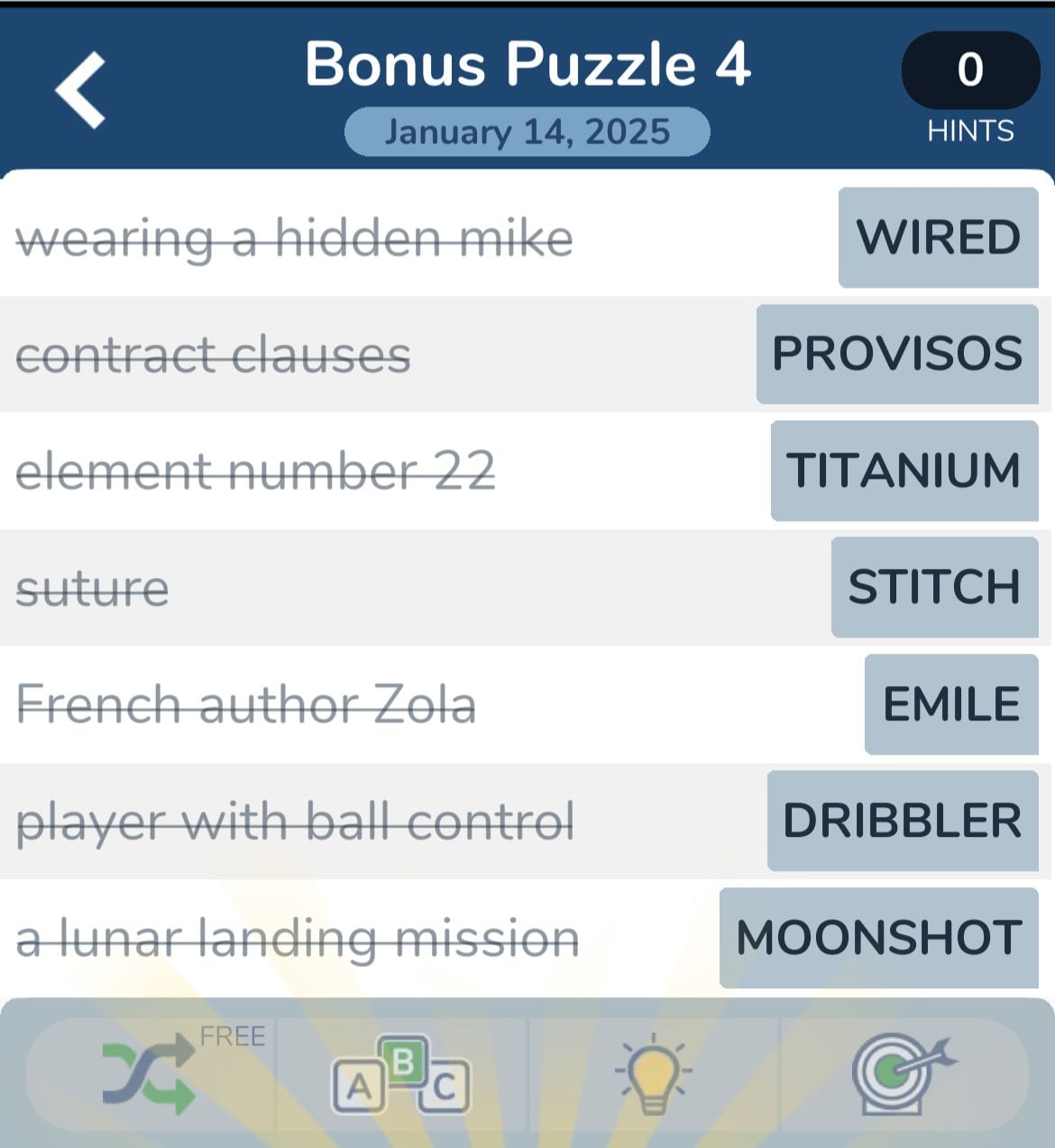 Crossword puzzle answers with six clues.