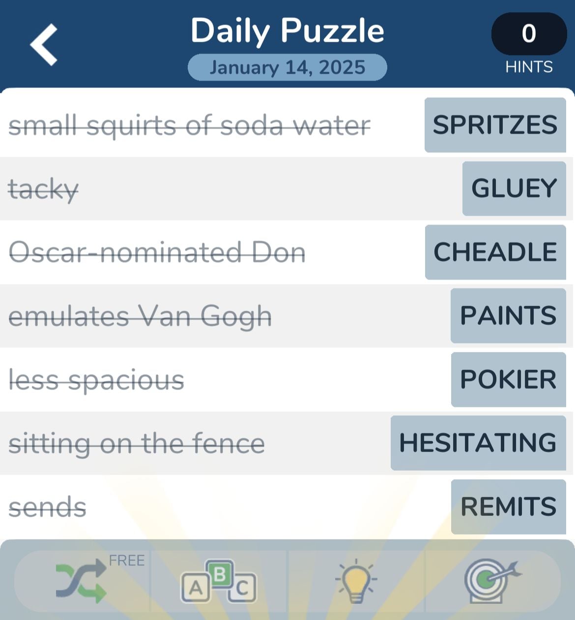 Word puzzle solutions for January 14, 2025.