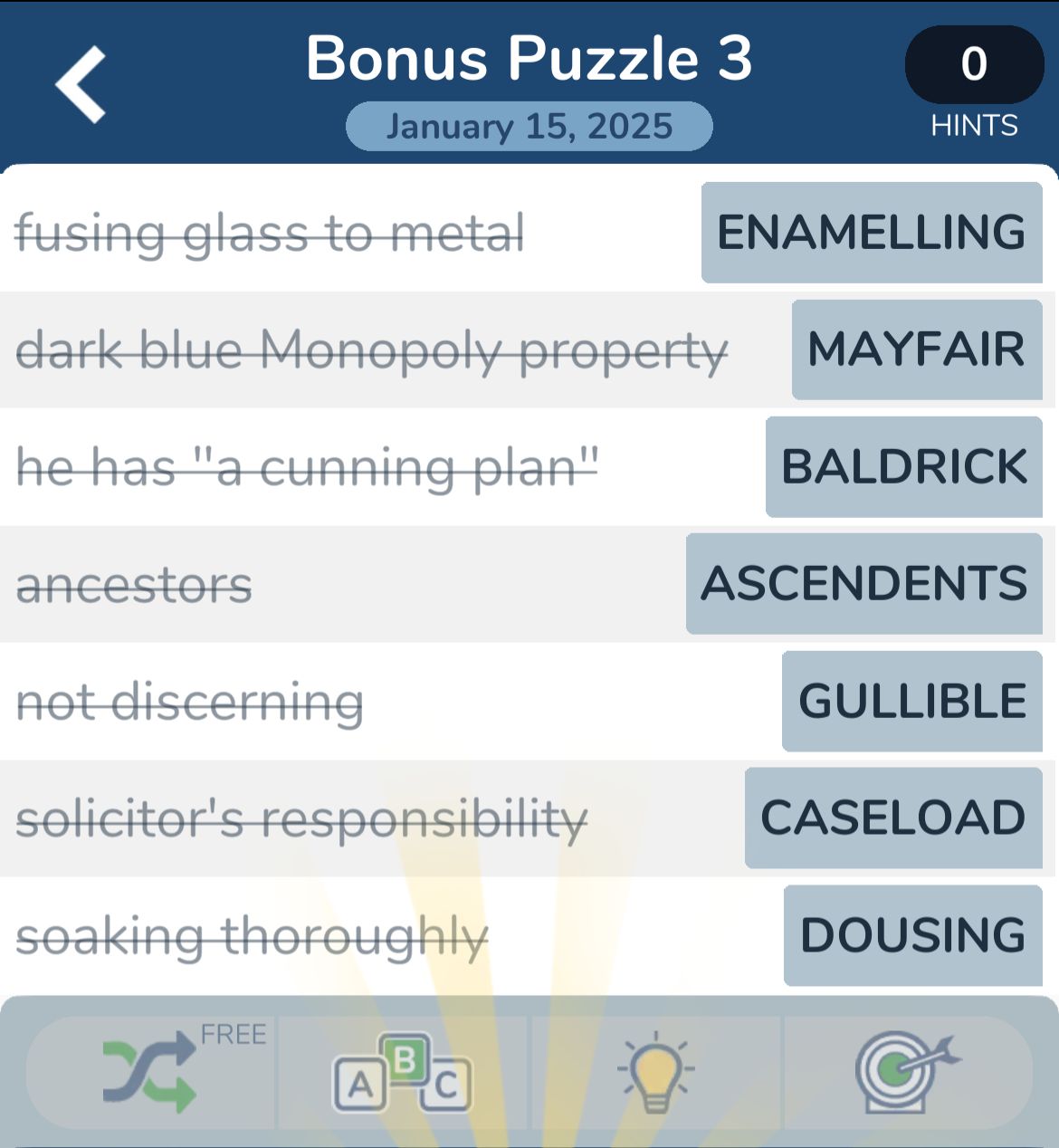 Crossword puzzle answers and clues screenshot.