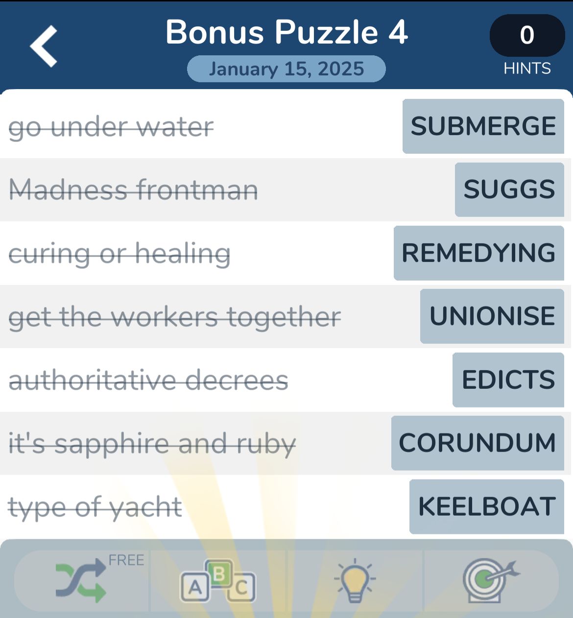 Crossword puzzle with answers for bonus round.
