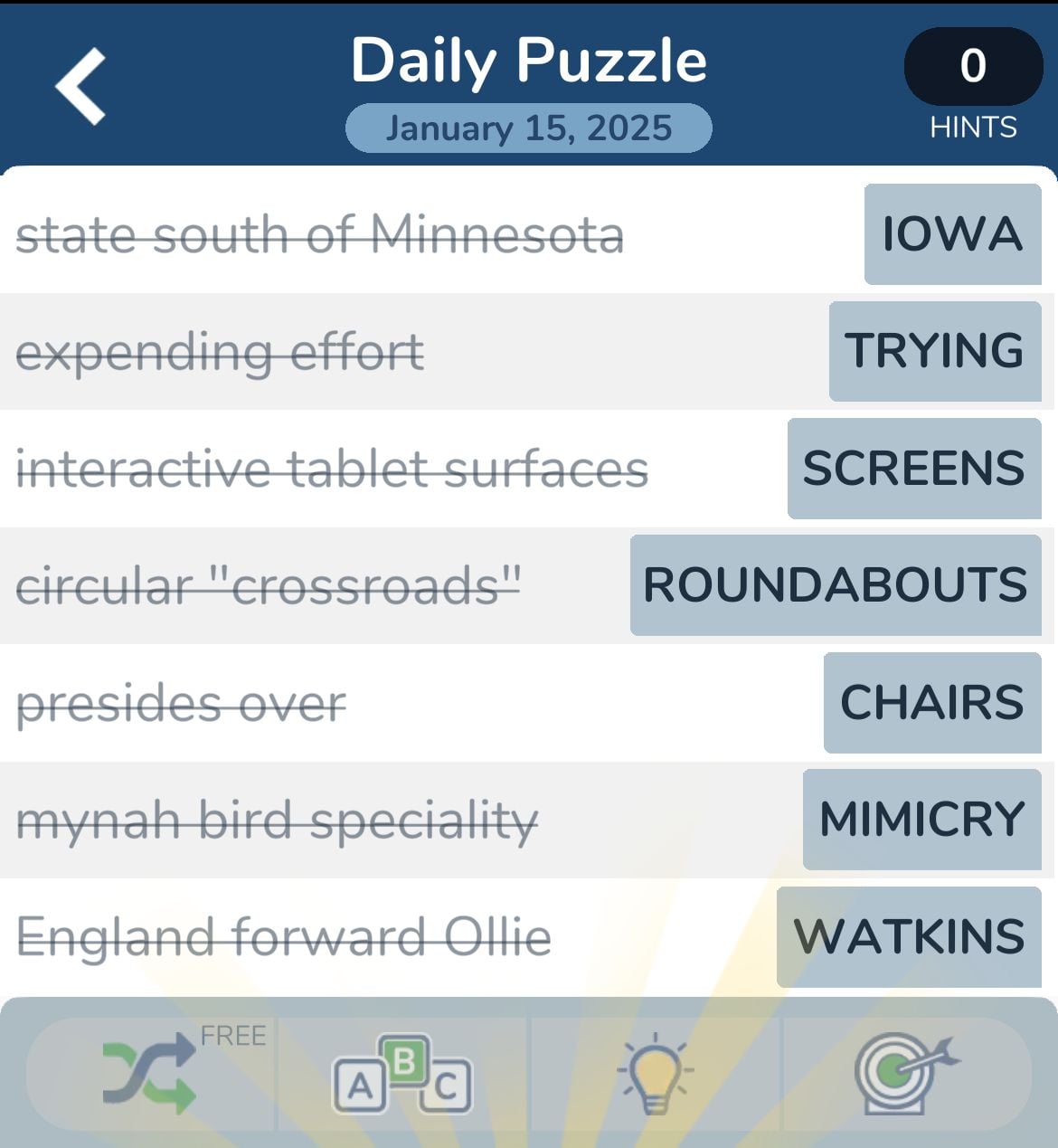 Crossword puzzle answers for January 15, 2025.
