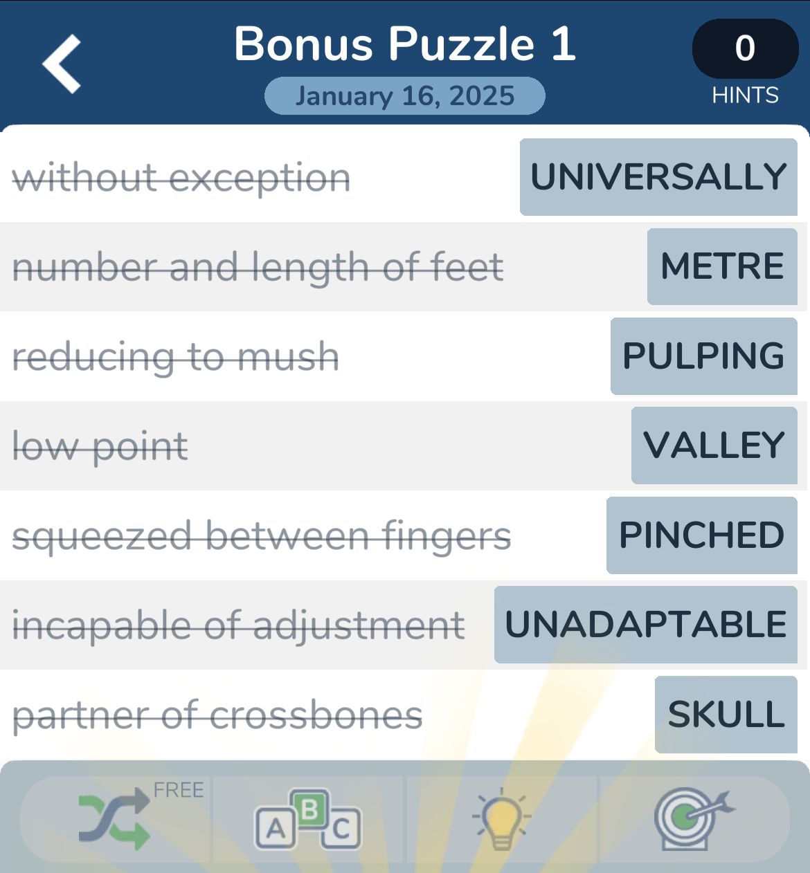 7 Little Words January 16 2025 Bonus 1 Word puzzle with answers, January 16, 2025.